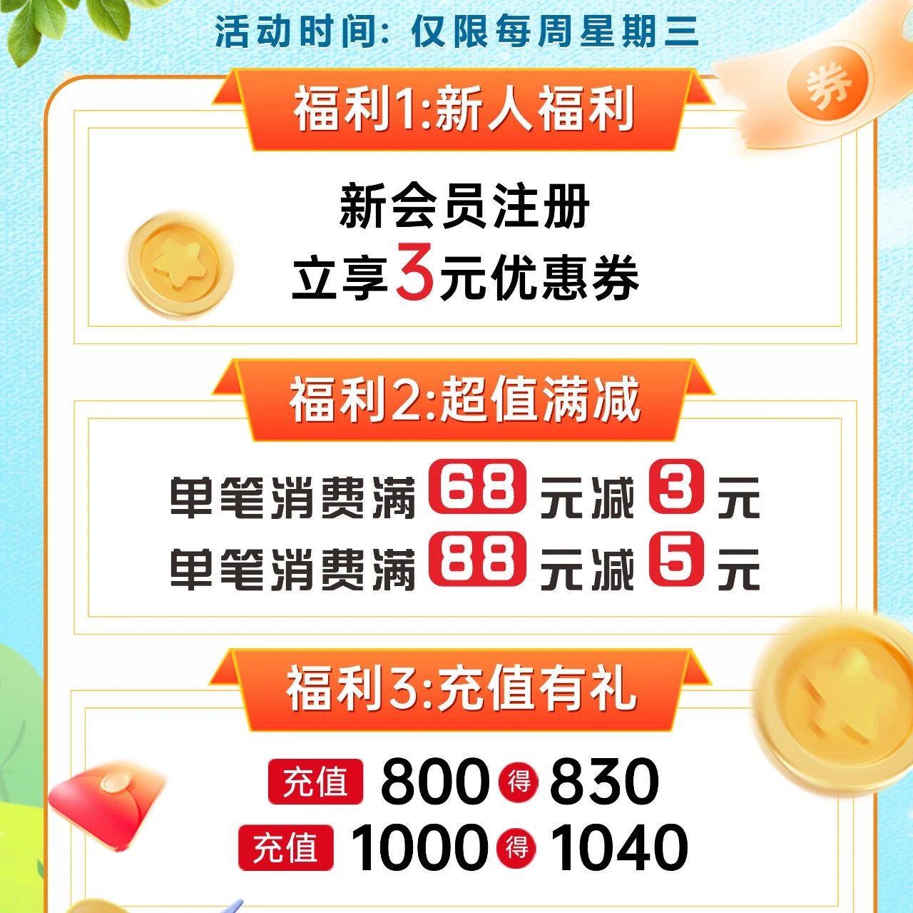 【家益超市】周三会员日——特惠活动，限时开启